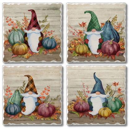 Thirstystone Autumn Gnomes 4 Pack Assorted Tumbled Tile Stone Coasters 4" Square