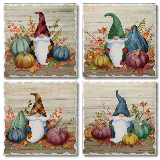 Thirstystone Autumn Gnomes 4 Pack Assorted Tumbled Tile Stone Coasters 4" Square