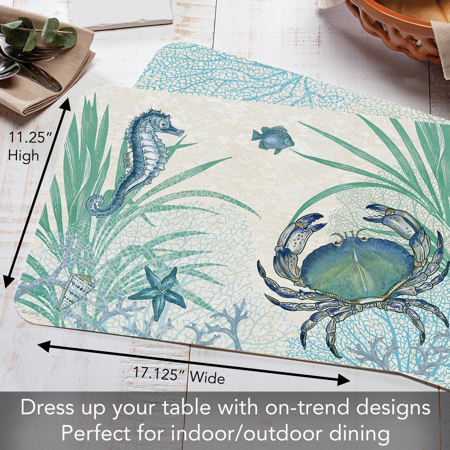 CounterArt Oceana Crab 4 Pack Reversible Easy Care Flexible Placemats Made in the USA