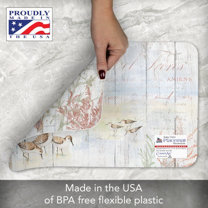 CounterArt Shoreline Shells 4 Pack Reversible Easy Care Flexible Plastic Placemats Made in The USA BPA Free, Easily Wipes Clean