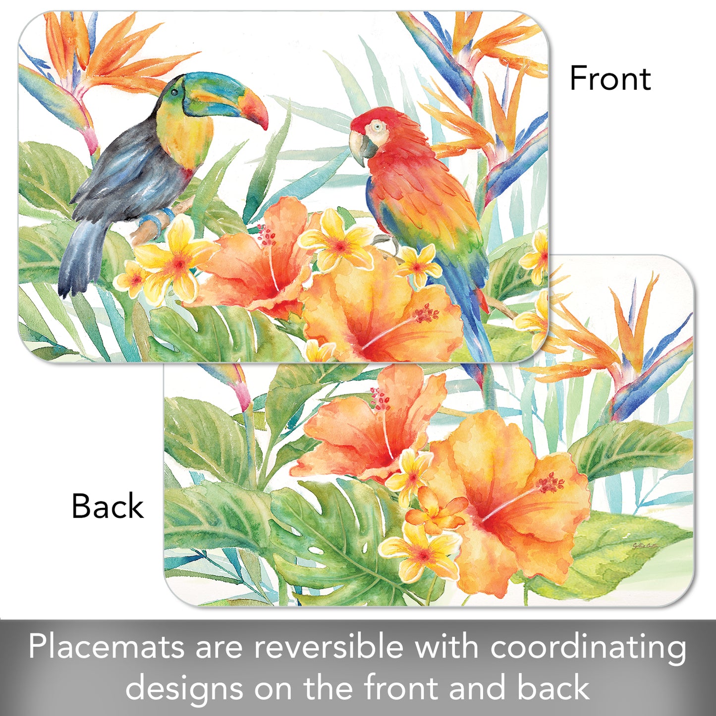 Counterart Tropical Birds 4 Pack Reversible Easy Care Flexible Placemats Made in the USA