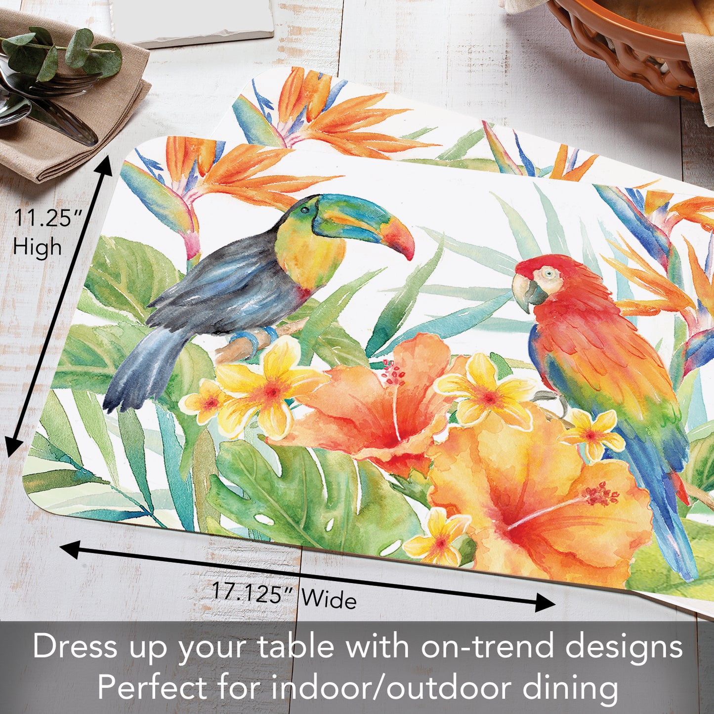 Counterart Tropical Birds 4 Pack Reversible Easy Care Flexible Placemats Made in the USA