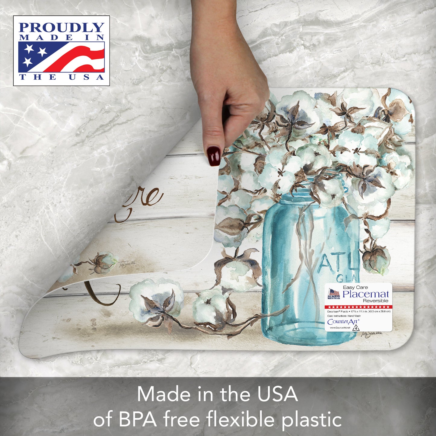CounterArt Cotton Boll 4 Pack Reversible Easy Care Flexible Plastic Placemats Made in The USA BPA Free Easily Wipes Clean
