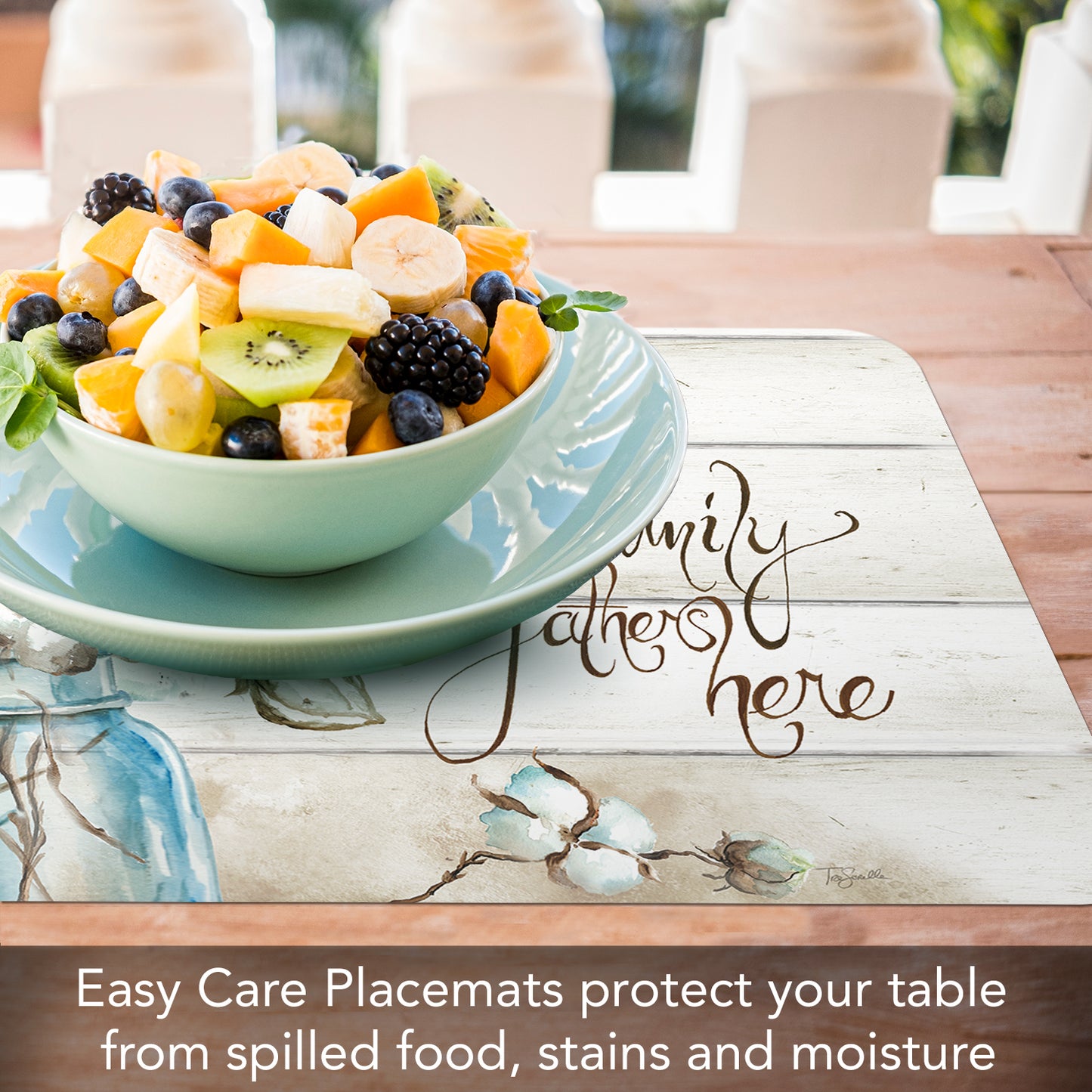 CounterArt Cotton Boll 4 Pack Reversible Easy Care Flexible Plastic Placemats Made in The USA BPA Free Easily Wipes Clean