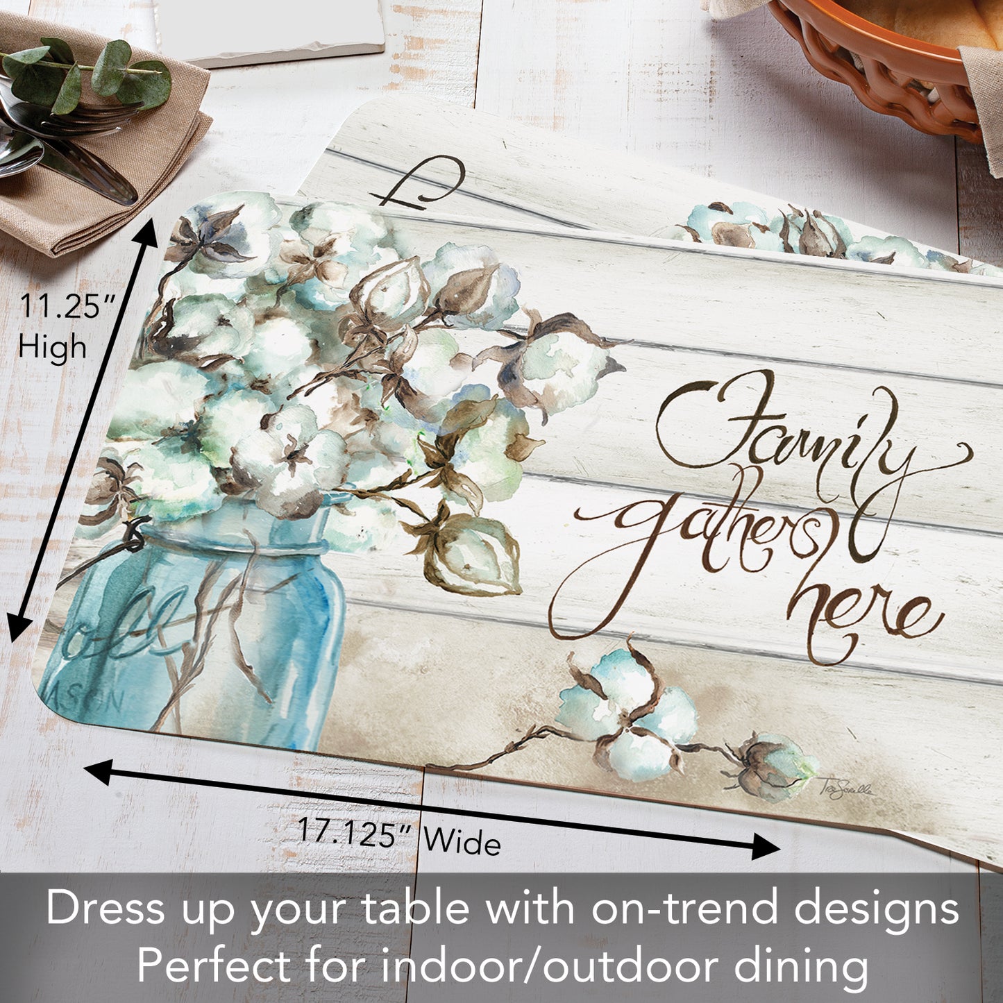 CounterArt Family Gathers Here 4 Pack Reversible Easy Care Flexible Placemats Made in the USA