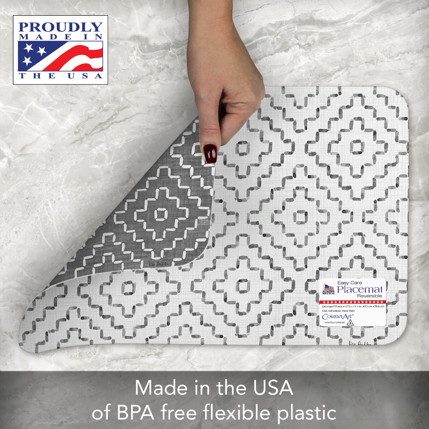 CounterArt Grey Flannel Design 4 Pack Reversible Easy Care Flexible Placemats Made in the USA