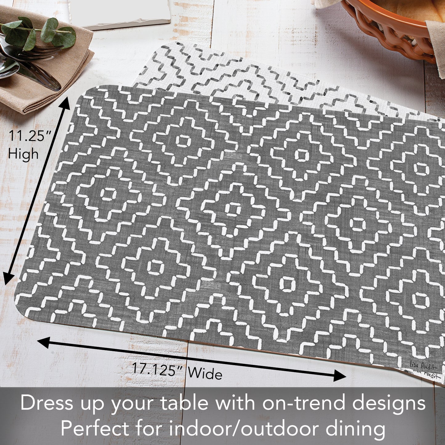 CounterArt Grey Flannel Design 4 Pack Reversible Easy Care Flexible Placemats Made in the USA