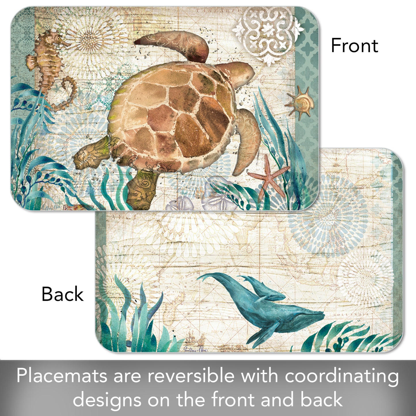 CounterArt Monterey Bay Turtle 4 Pack Reversible Easy Care Flexible Placemats Made in the USA