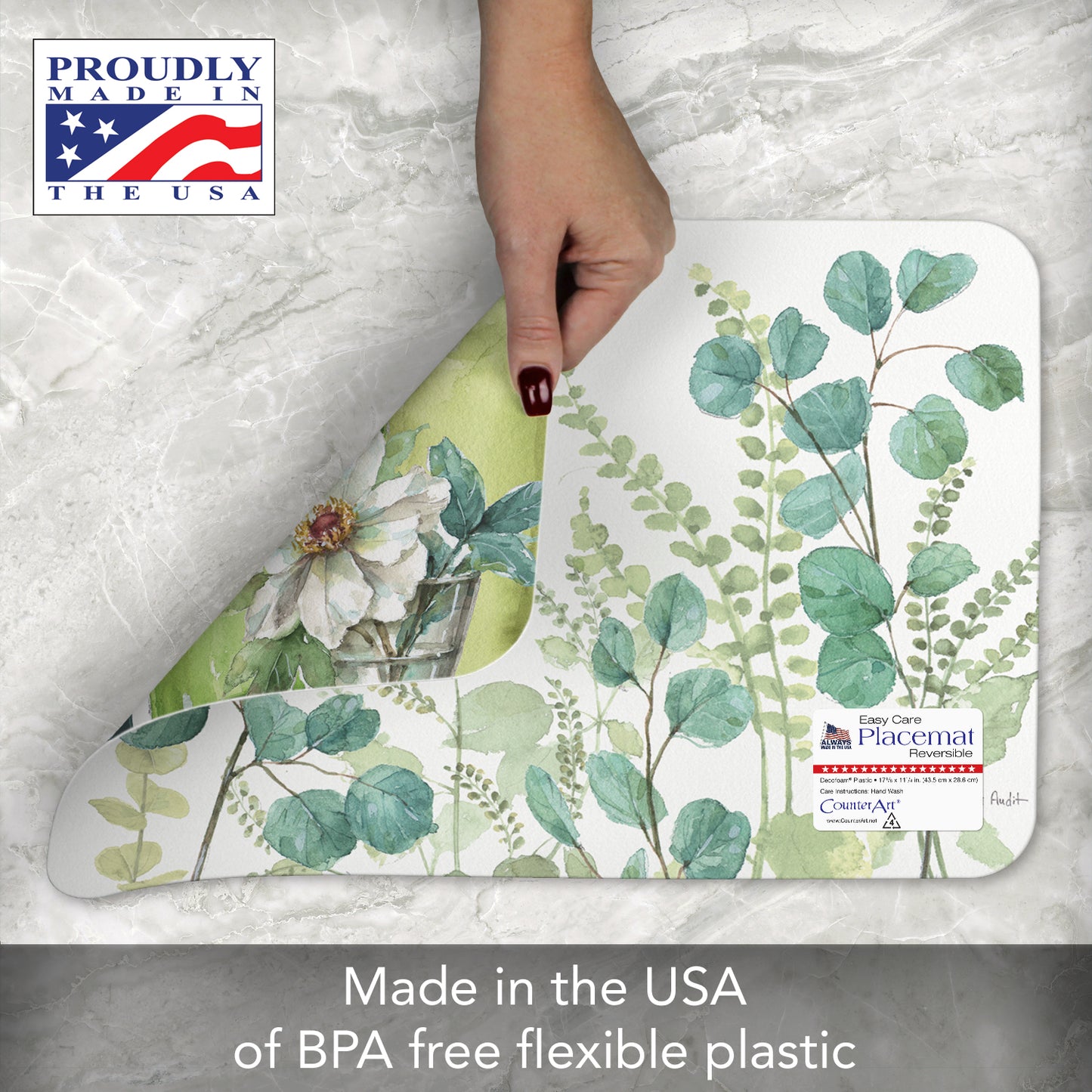 CounterArt Greenery 4 Pack Reversible Easy Care Flexible Placemats Made in the USA