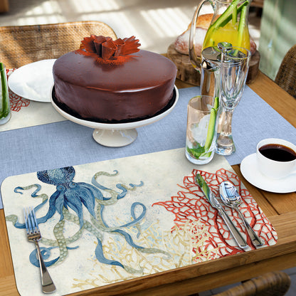CounterArt Indigo Ocean 4 Pack Reversible Easy Care Flexible Plastic Placemats Made in The USA BPA Free, Easily Wipes Clean