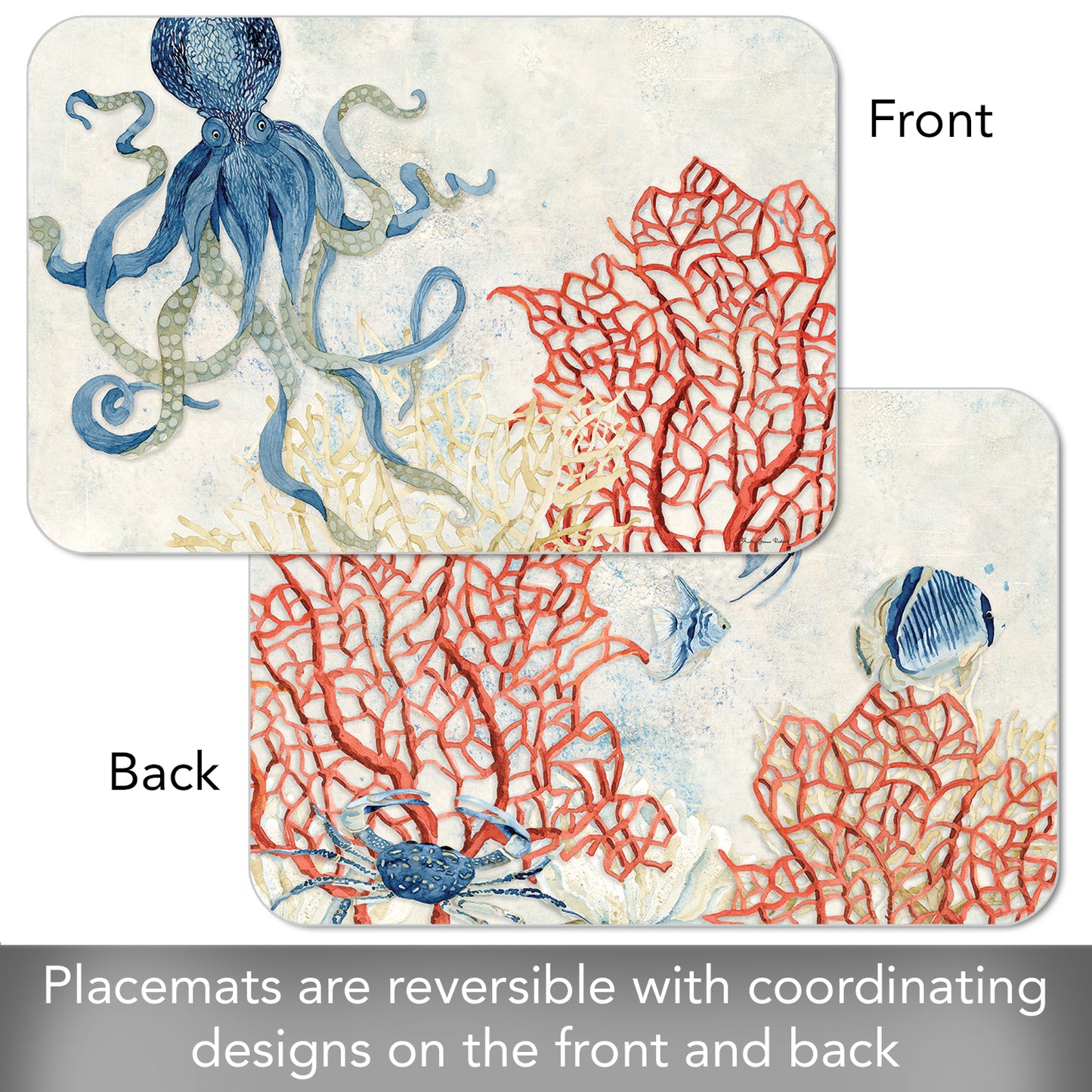 CounterArt Indigo Ocean 4 Pack Reversible Easy Care Flexible Plastic Placemats Made in The USA BPA Free, Easily Wipes Clean