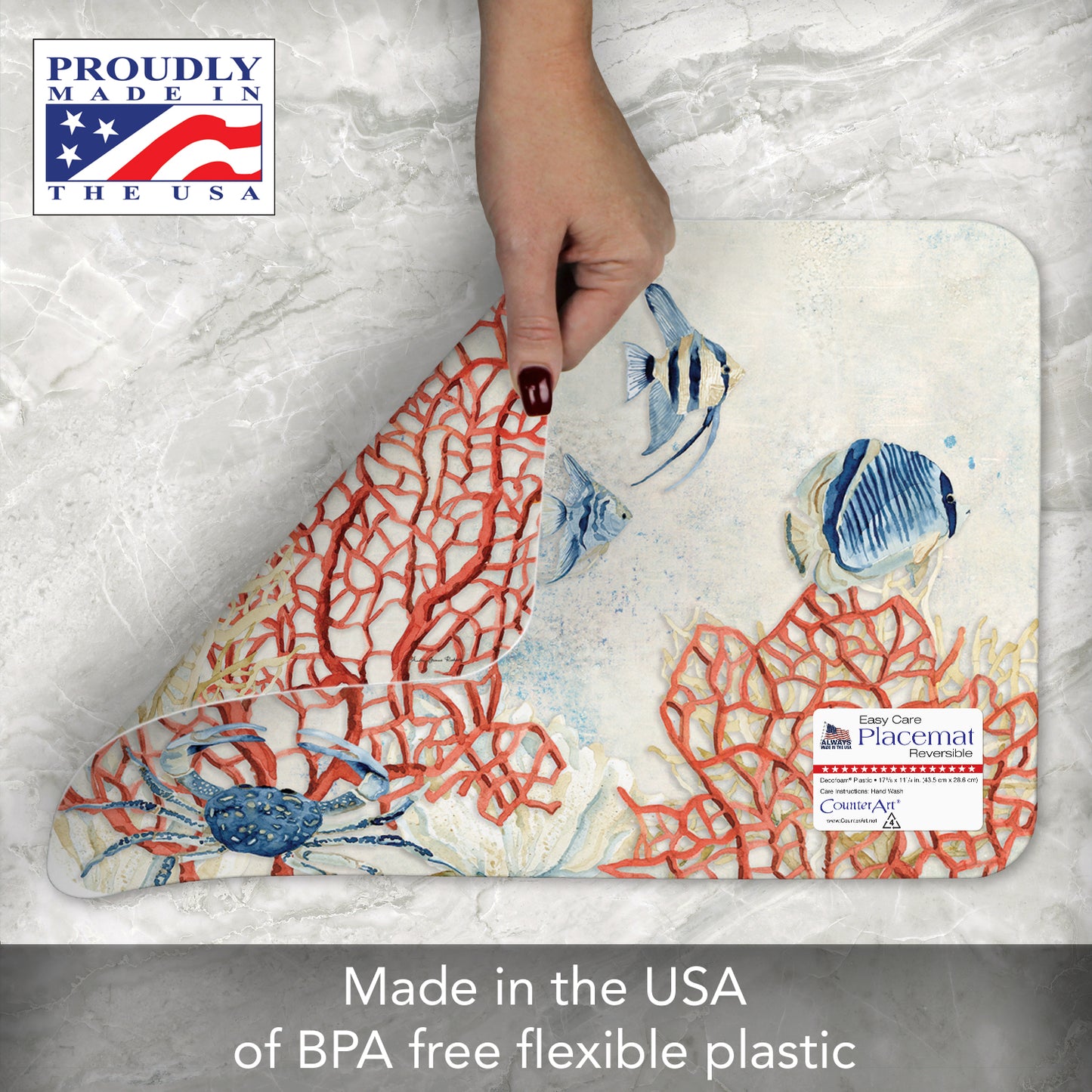 CounterArt Indigo Ocean 4 Pack Reversible Easy Care Flexible Plastic Placemats Made in The USA BPA Free, Easily Wipes Clean