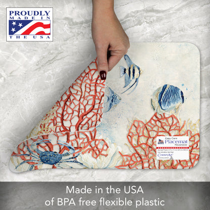 CounterArt Indigo Ocean 4 Pack Reversible Easy Care Flexible Plastic Placemats Made in The USA BPA Free, Easily Wipes Clean
