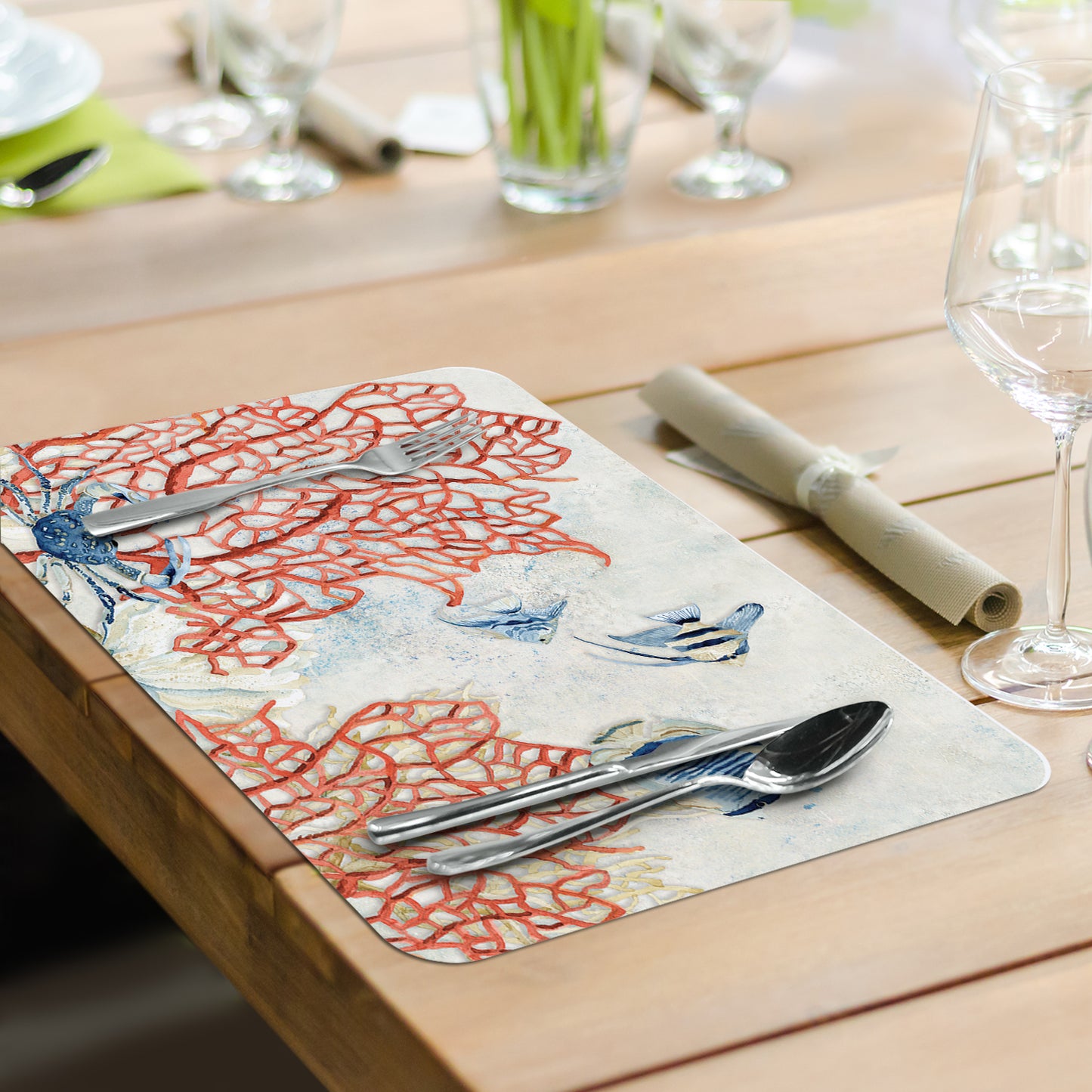 CounterArt Indigo Ocean 4 Pack Reversible Easy Care Flexible Plastic Placemats Made in The USA BPA Free, Easily Wipes Clean