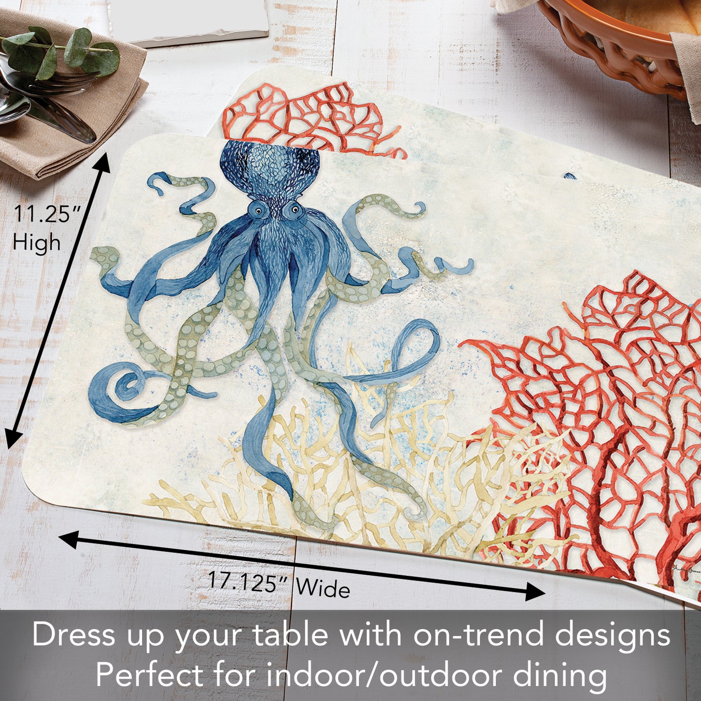 CounterArt Indigo Ocean 4 Pack Reversible Easy Care Flexible Plastic Placemats Made in The USA BPA Free, Easily Wipes Clean