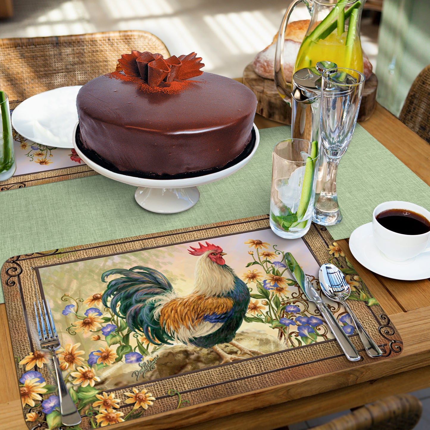 Counterart Country Charm Rooster 4 Pack Reversible Easy Care Flexible Plastic Placemats Made in The USA BPA Free Easily Wipes Clean