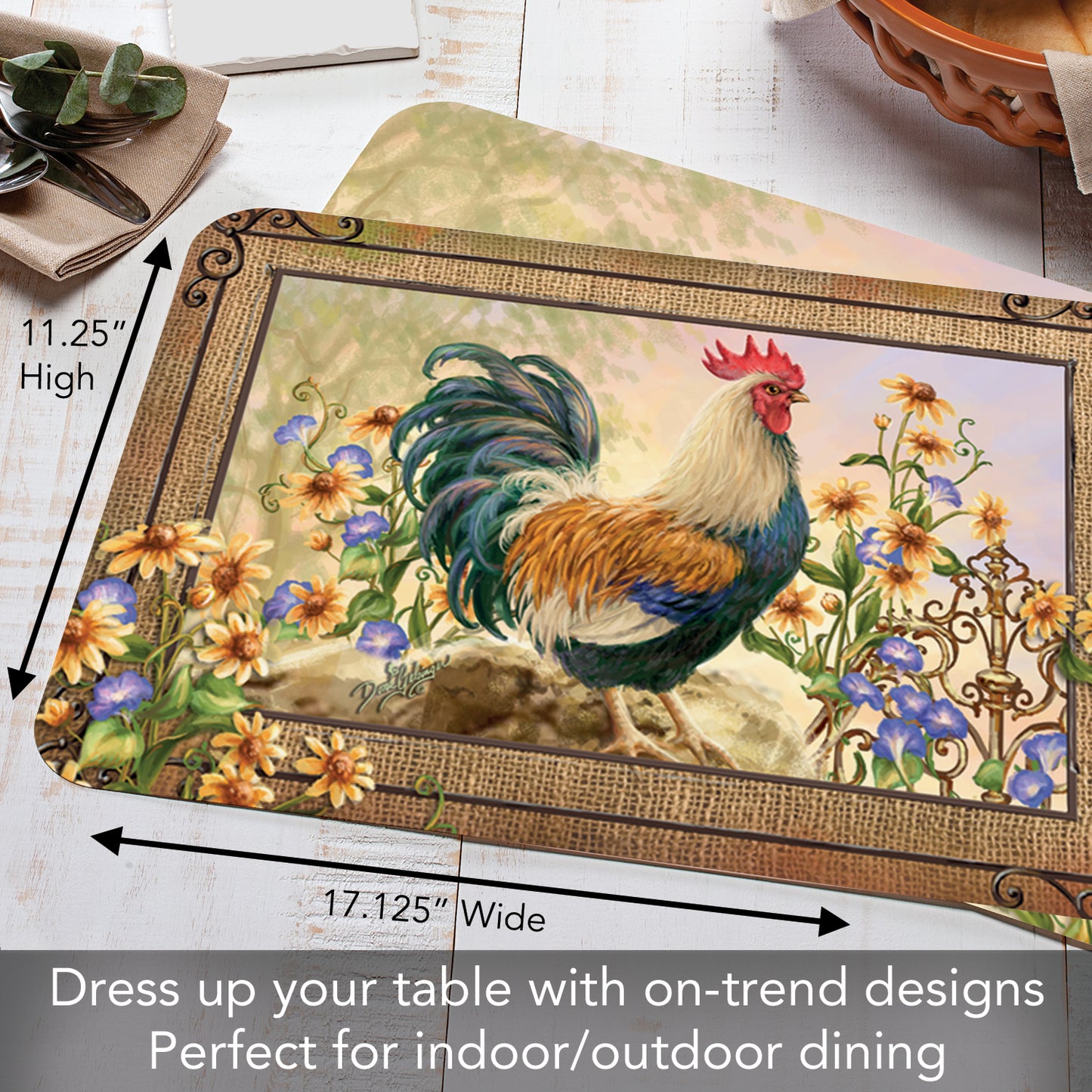 CounterArt Country Charm Rooster 4 Pack Reversible Easy Care Flexible Placemats Made in The USA