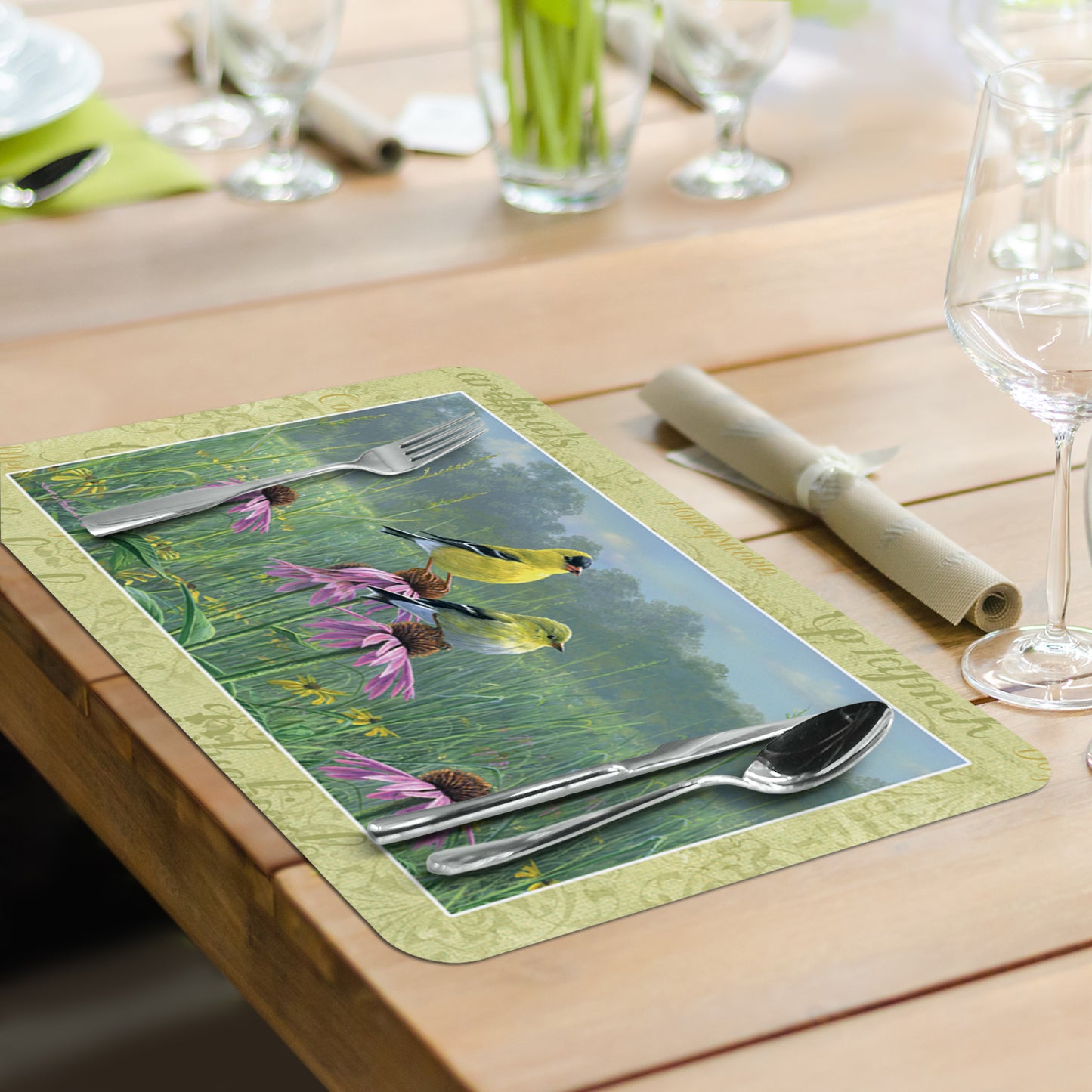 CounterArt Beautiful Songbirds Reversible Easy Care Flexible Plastic Placemats 4 Pack Made in The USA BPA Free Easily Wipes Clean