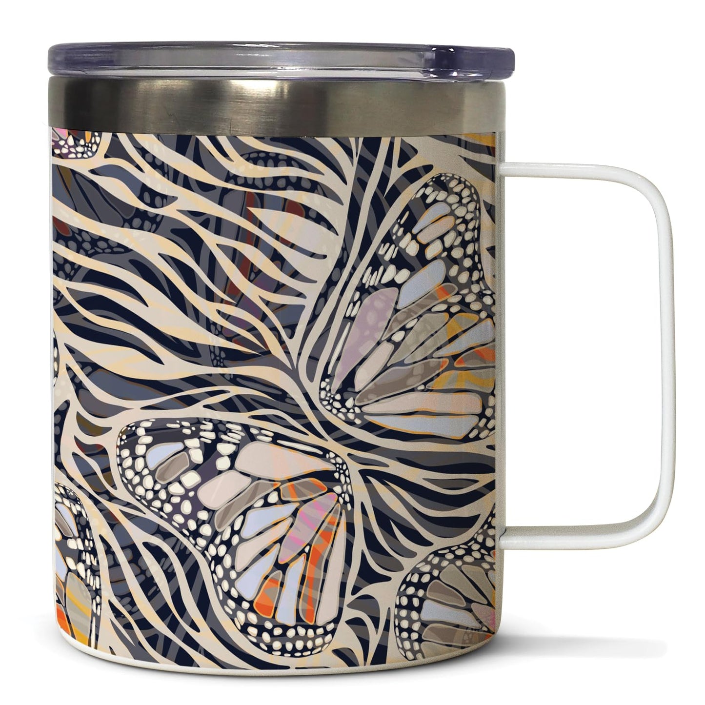 Highland Home Zebra Butterflies Decorative Stainless Steel Insulated Travel Mug with Lid and Handle 12 oz. Manufactured in the USA Dishwasher Safe