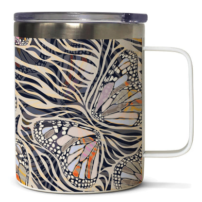 Highland Home Zebra Butterflies Decorative Stainless Steel Insulated Travel Mug with Lid and Handle 12 oz. Manufactured in the USA Dishwasher Safe