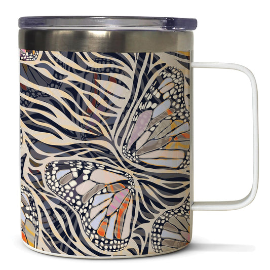 Highland Home Zebra Butterflies Decorative Stainless Steel Insulated Travel Mug with Lid and Handle 12 oz. Manufactured in the USA Dishwasher Safe
