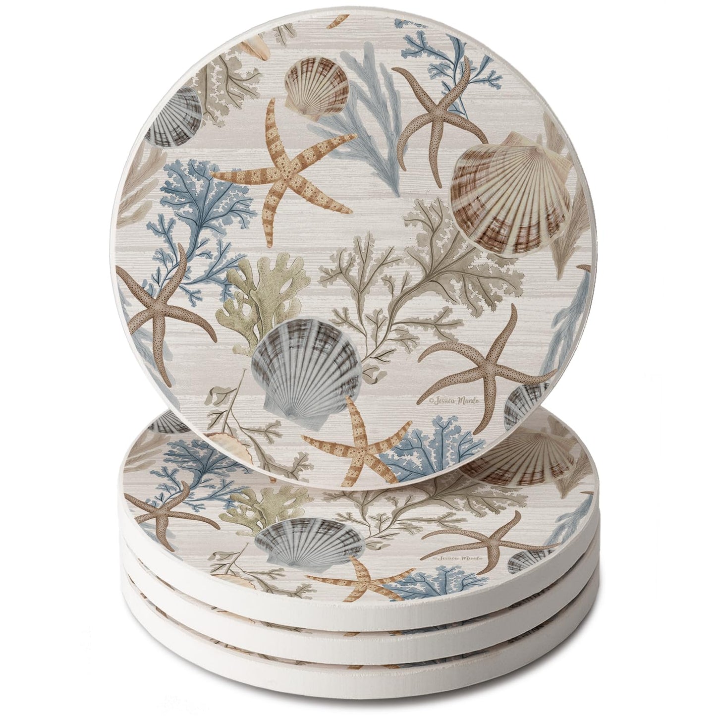 Thirstystone Starfish & Shells 4 Pack Round Absorbent Stone Coasters 4" Diameter Manufactured in the USA