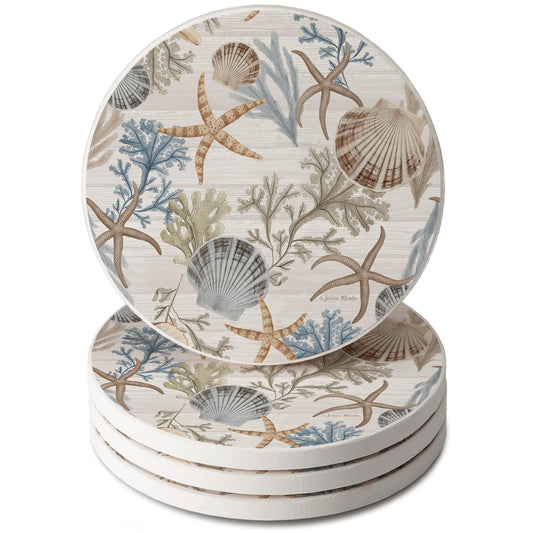 Thirstystone Starfish & Shells 4 Pack Round Absorbent Stone Coasters 4" Diameter Manufactured in the USA