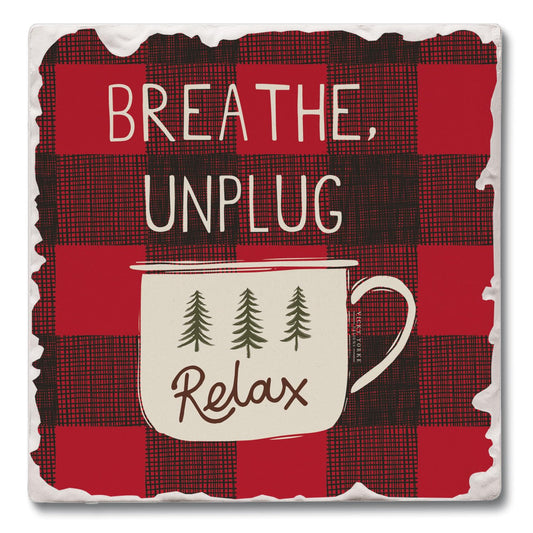 Thirstystone Breathe Unplug Relax Single Tumbled Tile Stone Coaster with Protective Cork Backing Manufactured in The USA 4" Square, Artistic, Easily Wipes Clean