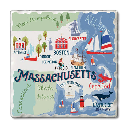 Thirstystone Massachusetts Attractions 4 Pack Tumbled Tile Stone Coasters 4" Square Manufactured in the USA
