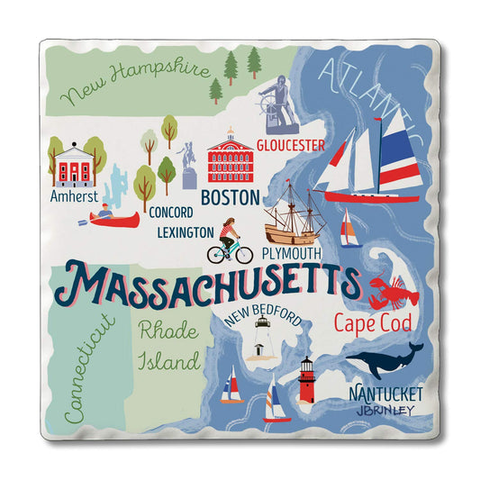 Thirstystone Massachusetts Attractions 4 Pack Tumbled Tile Stone Coasters 4" Square Manufactured in the USA