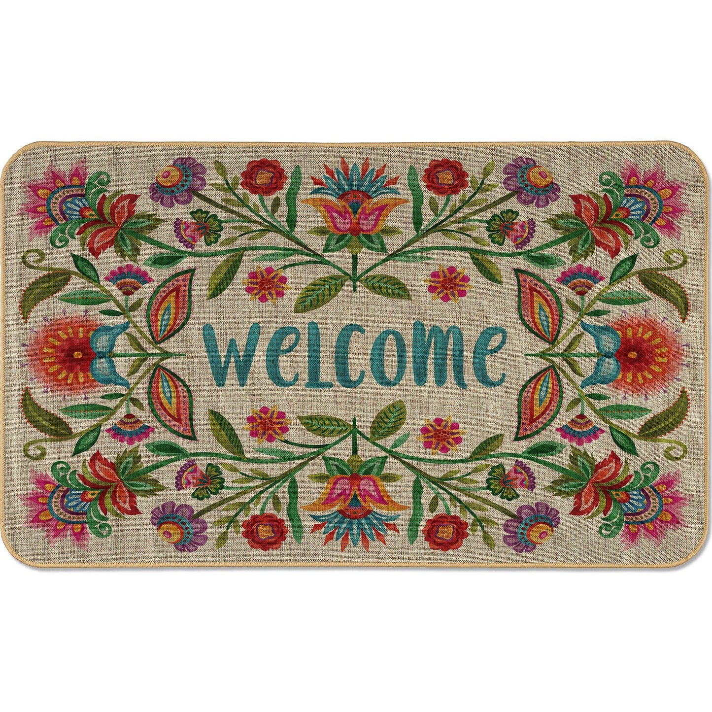 Counterart Floral Welcome Decorative Indoor/Outdoor Natural Linen Look Floor Mat with Recycled Rubber Back Manufactured in The USA 29.5” x 17.75”