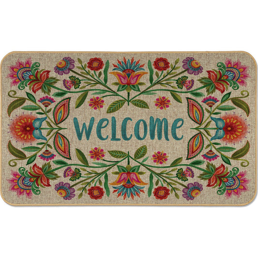 Counterart Floral Welcome Decorative Indoor/Outdoor Natural Linen Look Floor Mat with Recycled Rubber Back Manufactured in The USA 29.5” x 17.75”