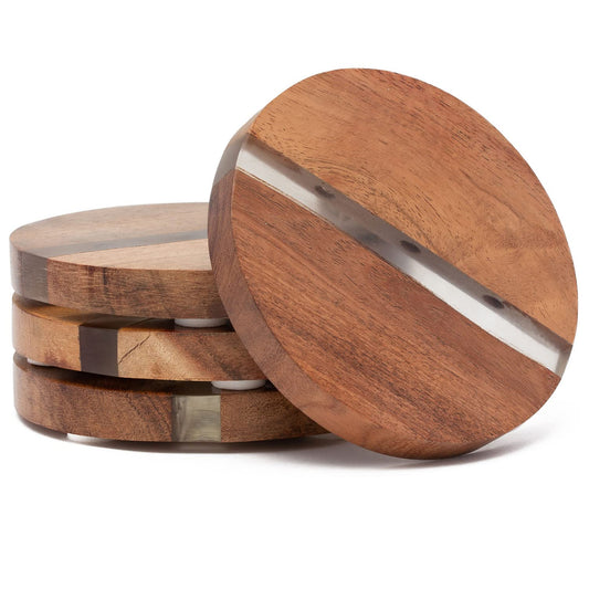Thirstystone 4 Pack Round Acacia Wood Absorbent Coasters with Decorative Resin Inlay Strong Durable Absorbent