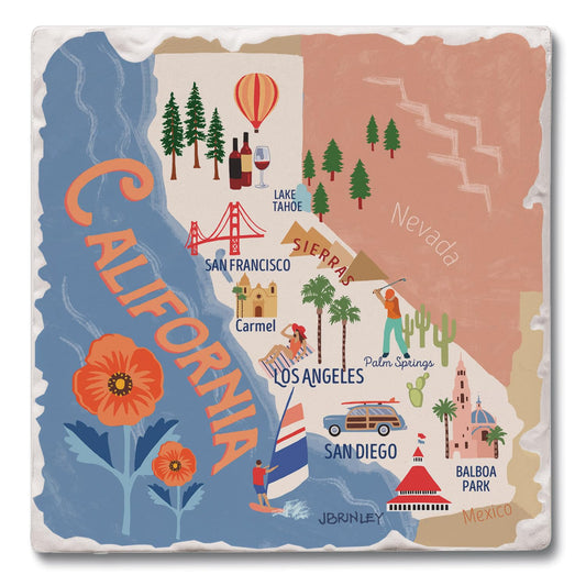Thirstystone California State Attractions 4 Pack Tumbled Tile Stone Coasters 4” Square Manufactured in the USA