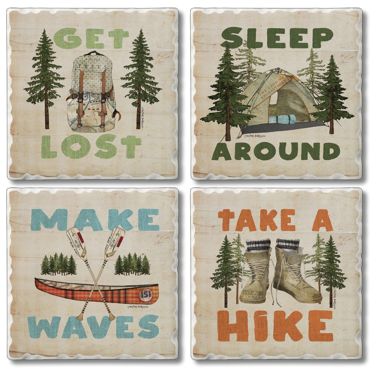 Thirstystone Get Lost 4-Pack Assorted Stone Tumbled Tile Coasters 4" Square