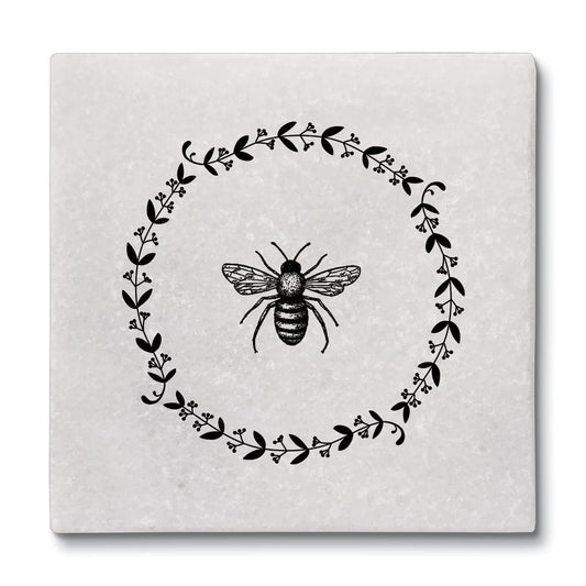 Thirstystone Bee Wreath 4-Pack Natural Marble Stone Coaster with Protective Cork Backing Manufactured in The USA