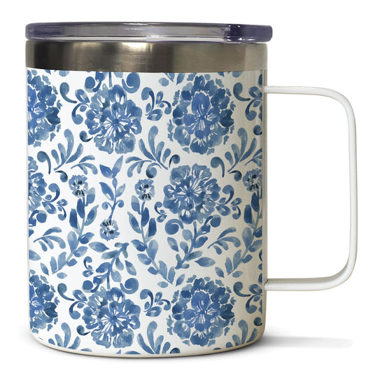 Highland Home Blue Paisley Decorative Stainless Steel Insulated Travel Mug with Lid and Handle 12 oz. Manufactured in the USA Dishwasher Safe