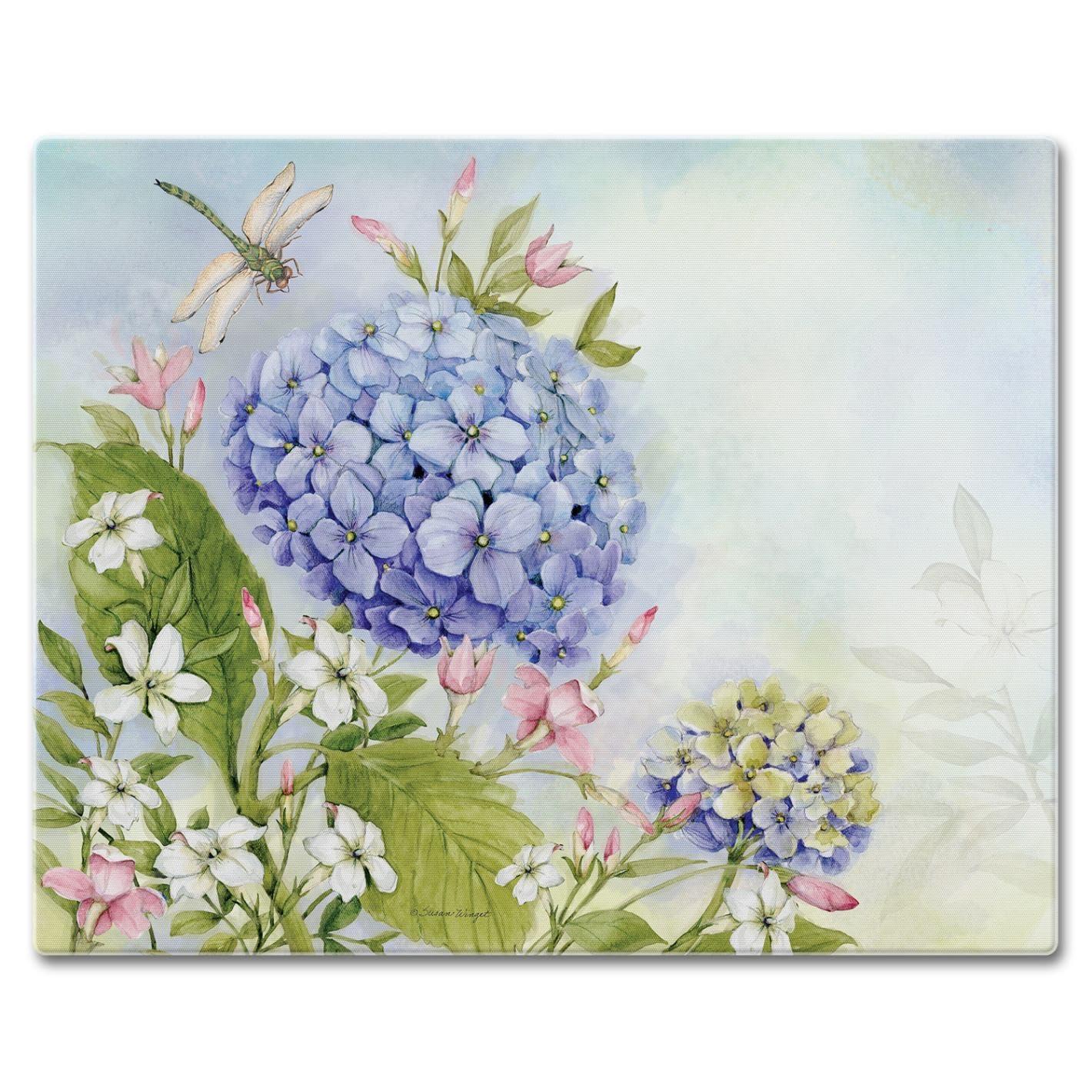 CounterArt Dragonfly Hydrangea 3mm Tempered Glass Cutting Board 15" x 12" Manufactured in the USA
