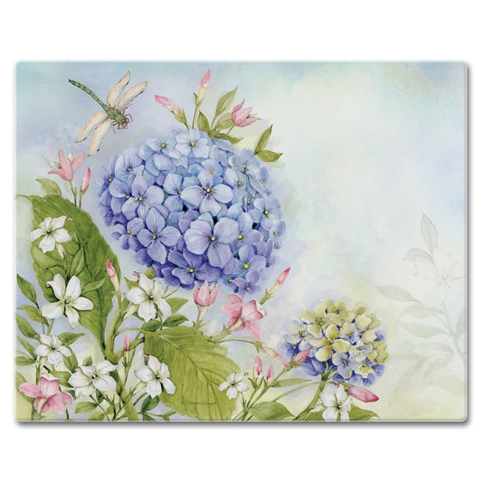 CounterArt Dragonfly Hydrangea 3mm Tempered Glass Cutting Board 15" x 12" Manufactured in the USA