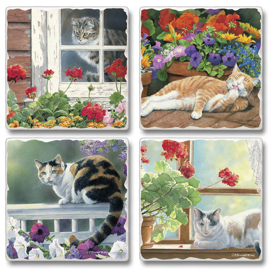 Thirstystone Cats Lazy Day 4-Pack Tumbled Tile Stone Coasters 4" Square