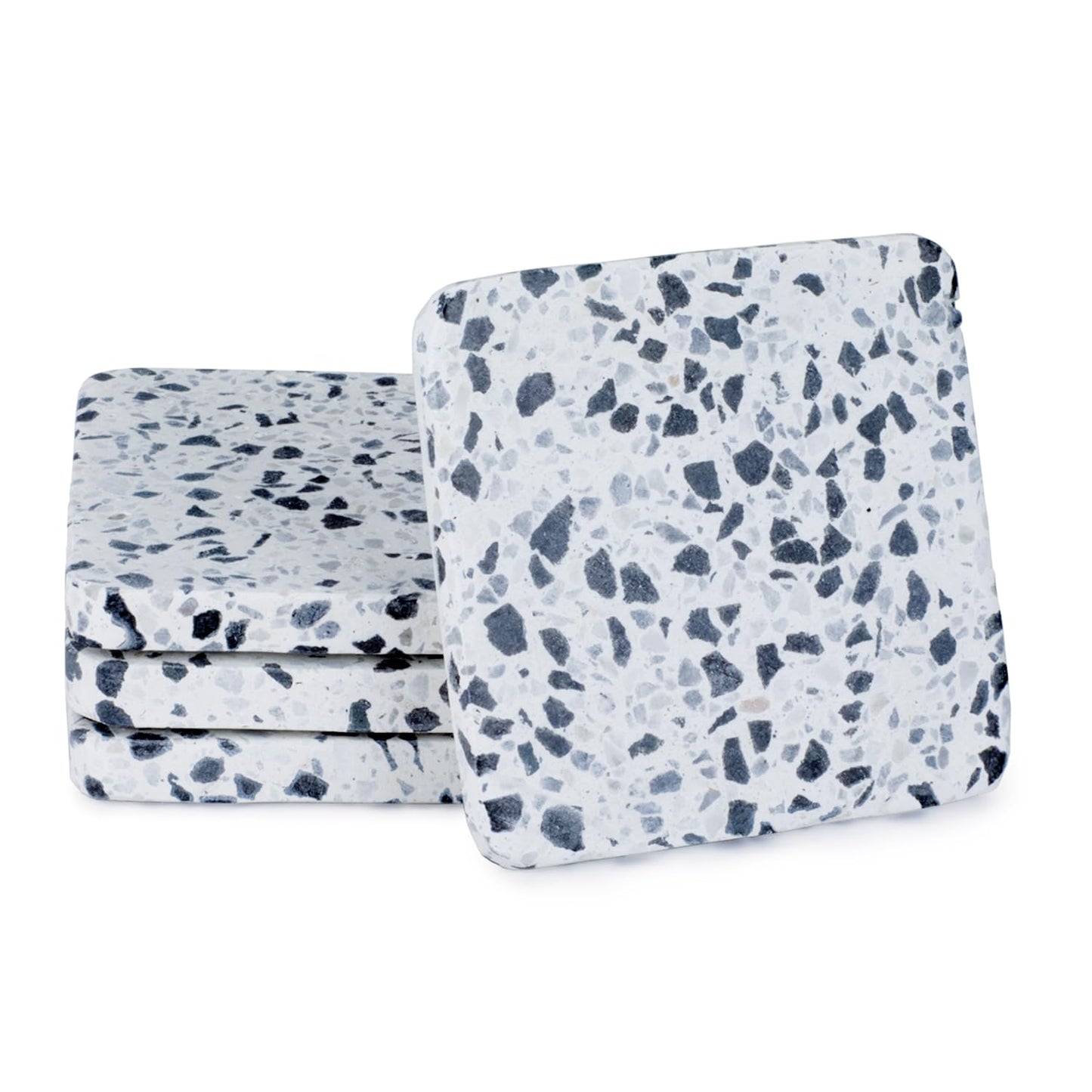 Thirstystone White Natural Terrazzo Coasters with Large Marble Flecks and Protective Cork Backing 4" Square Attractive Absorbent Easily Wipes Clean