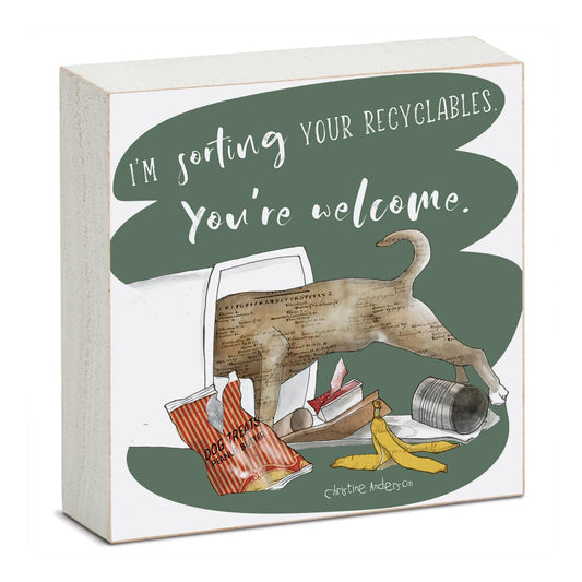 CounterArt Recyclables Artistic Freestanding Solid Wood Block Sign Made in the USA 3.75” Square Decorative Accent for Home or Office