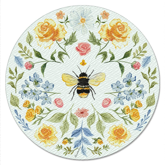 CounterArt Floral Bee 4mm Tempered Glass Lazy Susan Turntable 13" Diameter