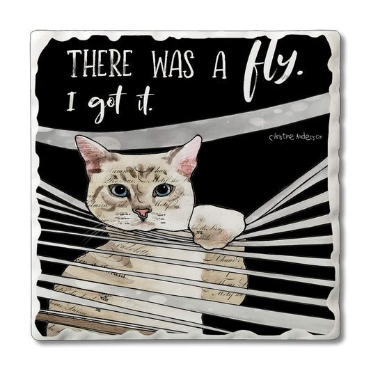 Thirstystone There was A Fly 1 Pack Single Absorbent Stone Coaster with Protective Cork Backing Manufactured in The USA 4" Square, Colorful, Artistic, Easily Wipes Clean