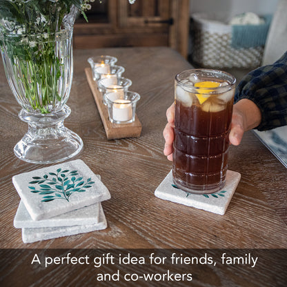 Thirstystone Teal Leaves 4-Pack Natural Marble Stone Coaster with Protective Cork Backing Manufactured in The USA