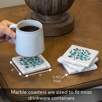 Thirstystone Teal Leaves 4-Pack Natural Marble Stone Coaster with Protective Cork Backing Manufactured in The USA