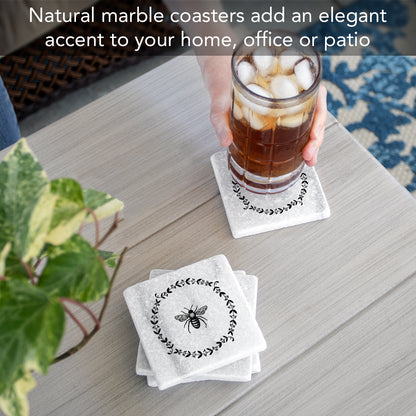Thirstystone Bee Wreath 4-Pack Natural Marble Stone Coaster with Protective Cork Backing Manufactured in The USA