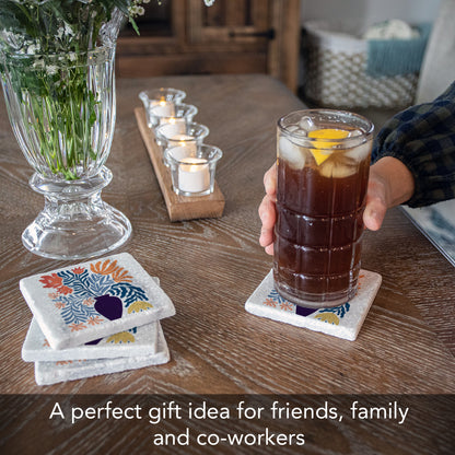 Thirstystone Modern Floral 4-Pack Natural Marble Stone Coaster with Protective Cork Backing Manufactured in The USA