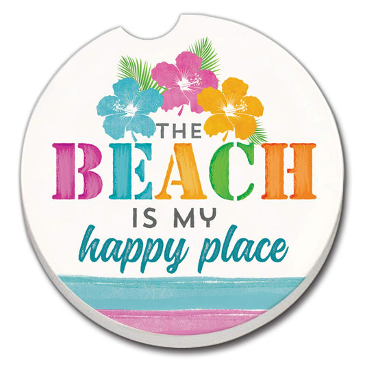 Thirstystone Beach Happy Single Absorbent Stone Coaster for Vehicle Cup Holder 2.6” Diameter Manufactured in The USA