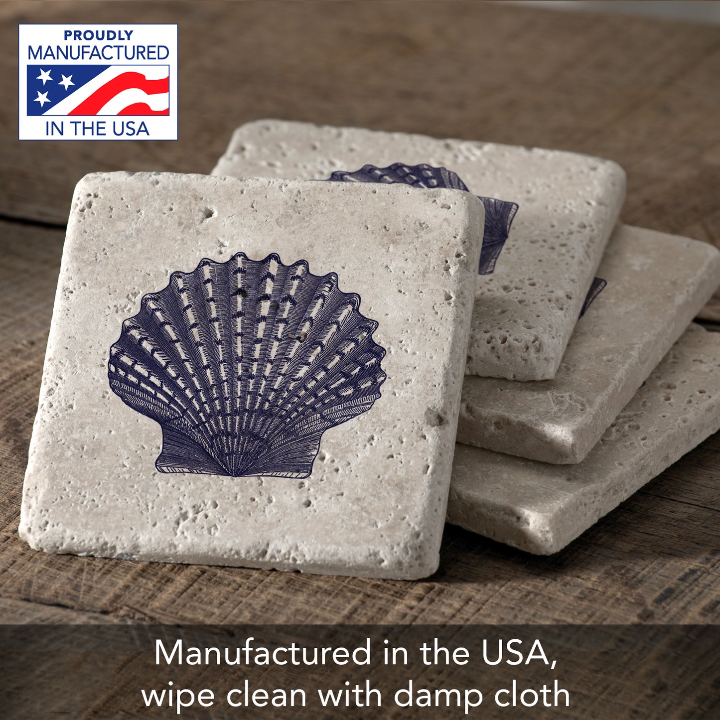 Thirstystone Scallop Shell 4 Pack Natural Travertine Absorbent Stone Coasters with Protective Cork Backing Manufactured in The USA
